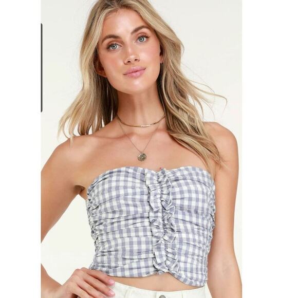 Lulus Libbie lavender & white gingham strapless crop top sz. large 100% cotton - Picture 1 of 10